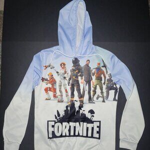 Fortnite Mens Light Blue and White Hoodie with Graphics Size Medium